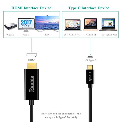 Rophie USB-C auf HDMI Kabel(1.8M) USB 3.1 Typ C zu HDMI Kabel, HD 3840×2160 (4k), (Thunderbolt 3 kompatibel)für MacBook Pro, MacBook 12 „(2015/2016), ChromeBook Pixel, Huawei MateBook und andere - 3