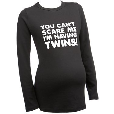 Can't Scare me...Twins LONG SLEEVE Slogan Maternity Black T-shirt