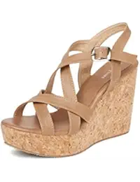 MarcLoire Women Wedge Heels, Girls Fashion Sandals, Open Toe Wedge Sandals, Buckle Type Heels - Synthetic, Tan, Size - Euro40_UK/IND7 ML0010482040