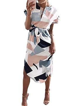 Yieune Sommerkleider Damen Kurzarm V-Ausschnitt Blumenmuster MaxiKleider Abendkleid Lange Weiß Strandkleid