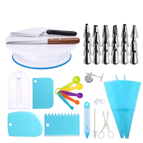 DY_Jin Cake Turntable, Torta Giratoria, Decoración de Pasteles 24 Boquillas Torta giratoria, 2 Piezas Espátula de formación de Hielo, Bolso de pastelería, Sirope de Torta, Cortador, Flor Levantador