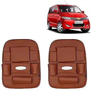 RD Universal PU Leather Car Auto Seat Back Organizer Multi Pocket Travel Storage Bag with Hangers, Tissue Paper and Bottle Holder-Tan Colour Compatible for Chevrolet Enjoy (Pack of 2)