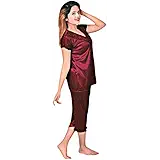 Indiatrendzs Exclusive Women Satin Nightwear Maroon 4 Pcs Set Of Sexy Nighty, Robe, Top & Capri.