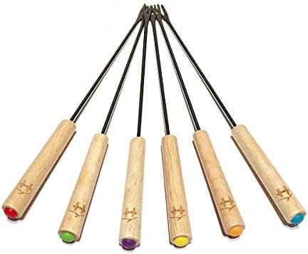 Set of 6 Fondue Forks - Rust Resistant Stainless Steel Skewer Sticks with Natural Bare Oak Wood Handles - 9.5" and Perfect for Melted Cheese, Meat, Fruit and More