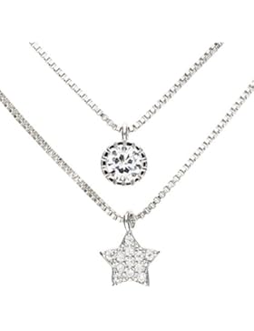MYA art Damen Halskette Collier 925 Sterling Silber Doppel Mehrreihige Zwei Kette Stern mit einem Solitär Stein...