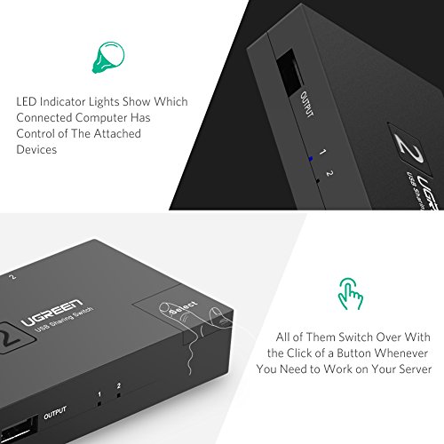UGREEN 2 Ports USB 2.0 Teilen Switch 2 In 1 Out Umschalter für Drucker Scanner Schwarz - 5