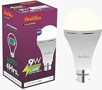 DesiDiya 9 Watt B22 Base 6500k Inverter Rechargeable Emergency LED Bulb For Home Crystal White (Pack of 1)