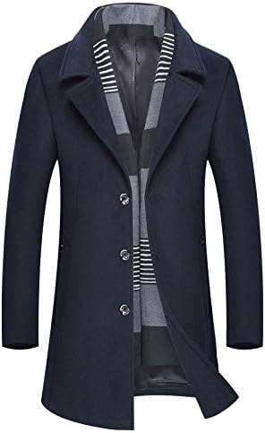 Woollen coat, winter and winter Style Men's windbreaker, men's long casual woollen coat,Navy,XL