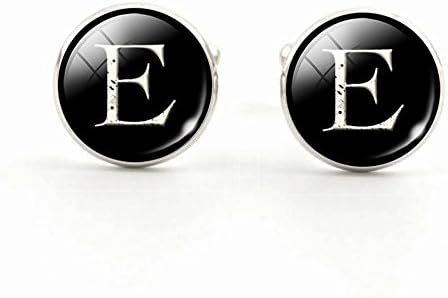 Fashion Jewelry Men Cufflinks Alphabet Single Letter Black Bottom Silver Plated Wedding Party Vintage 16mm Men Cuff Link , E