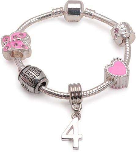 Liberty Charms Childrens Pink Happy 4th Birthday Silver Plated Charm Bead Bracelet. With Gift Box (Other Sizes Available)
