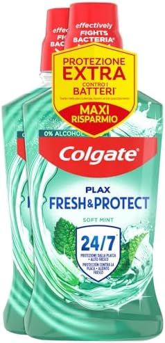 Colgate Collutorio Plax Soft Mint Green 2 Confezioni da 500 ml I Con Ingrediente Antibatterico I Protezione dalla Placca per 24H I Gusto Menta I Rilascia una nuova piacevole sensazione di freschezza