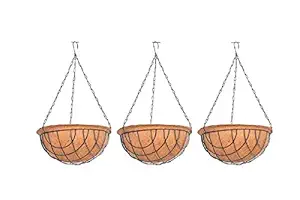 Antier Coir Hanging Round Basket 14 INCH 3 Pieces - Coco Gardening POTS with Stand - Flower POTS Hanger Garden Decoration Indoor Outdoor Water Hanging Baskets Plant Container