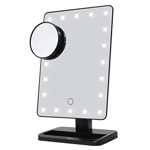 Kosmetikspiegel, YaFex Make up Spiegel mit 20 LED Beleuchtung Schminkspiegel Dimmbar durch Touch-Schalter, 360º Drehbare Standspiegel Batteriebetrieben Schwarz (4 AA-Batterien Inklusiv)