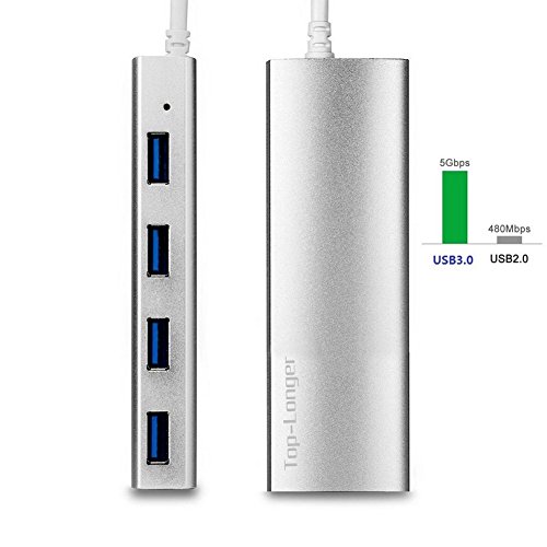 Top-Longer Data Hub 4 Ports USB 3.0 Ultra Fin - Hub USB 3.0 pour transfert de données 5Gb/s intégré compatible avec Windows XP/Vista/7/8/10, Mac OS, Linux