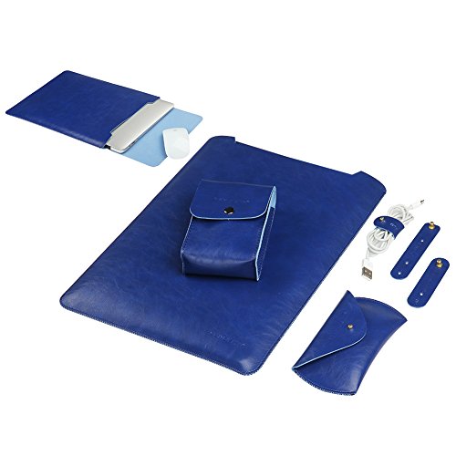GENORTH® Weiche Hülle Leder Tasche für MacBook Air & Macbook 12 Wasserdicht mit Schutz Tasche für Maus und Netzteil (12 Zoll, Blau)