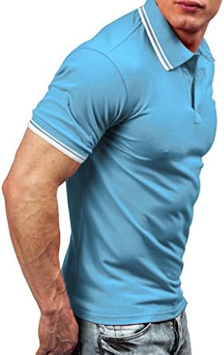 Men's Polo Shirt, Hmeng Men's Fashion Solid Short Sleeve T Shirt Summer Casual V Neck Stripe Slim Personality Top Blouse (Blue, XXL)