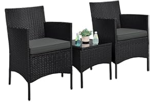 Yaheetech Conjunto de Muebles de Jardín Exterior Juego de Sillas Ratán y Mesa de Vidrio Terraza con Cojines Sillas de Ratán PE para Balcon Negro