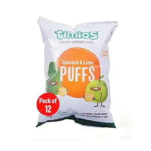 Timios Spinach and Lime Puffs | Healthy Snack for Kids | Natural Energy Food Product for Toddlers | Nutritious and Ready to Eat for Children 2+ Years Pack of 12