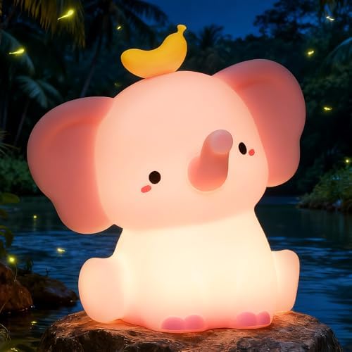 Ammonite Luce notturna a forma di elefante rosa, in morbido silicone, con 2 livelli di regolazione e timer da 20 minuti, luce notturna con controllo touch, decorazione per camera da letto, regalo di