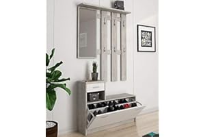 MY BRAND Germanvox - Mobile da Ingresso moderno, Panca con scarpiera e specchio, Entratina con cassetto e appendiabiti, L.100 P.25 H.180 cm, Bianco e Grigio Cemento