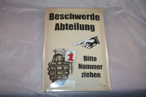 COMPLAINT DEPARTMENT PLEASE TAKE Tin Sign 20 x 30 cm Number Plate Sign Tin Signs German Hand Grenade
