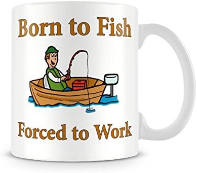 Behind The Glass - Born to Fish, Forced to Work - Printed Funny Mug - Great Gift/Present Idea, Ceramic, 11fl.oz.