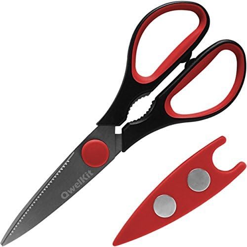 Razor Sharp Kitchen Scissors - Best Multi Purpose Shears - Soft Grip Handles - High Quality Stainless Steel Blades - Magnetic Cover - Perfect for Both Kitchen &amp; Home Use (Red/Black)