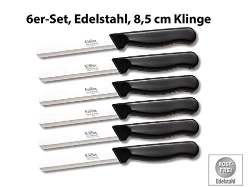 Löffler Schneidewaren Co. 6 Edelstahl-Gemüsemesser aus Solingen, rund, gezackte 8,5-cm-Klinge - 2