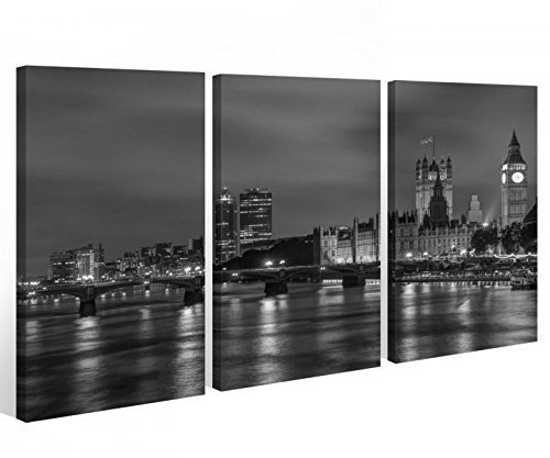 myDruck-Store Tela 3 Pz. Londra Nero Bianco Skyline Città Immagine Immagini Allungato 9a295-90x60cm (3 Pezzi 30x 60cm)