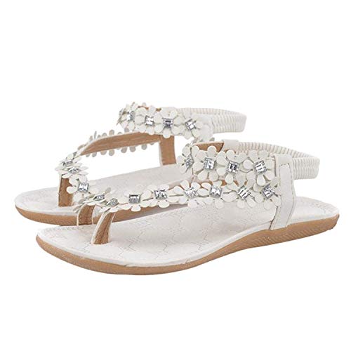 Ularma Women Summer Bohemia Flower Beads Flat Sandals Flip-flop Shoes (4, White)