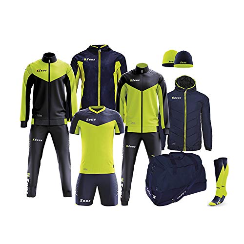 Zeus Boxes Ulysse composé de survêtement Training Survêtement Relax Blouson Chaussettes Sucre Sac K-Way Kit Football, Homme, BLU-Giallo Fluo, XXS