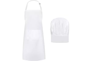 AOROPS Kochmütze Schürze Set, Verstellbare Latzschürze Kochschürze, Männer Frauen Weiß Kochmütze Atmungsaktive Backschürze mit zwei Taschen für Küche Hause Restaurant Hotel