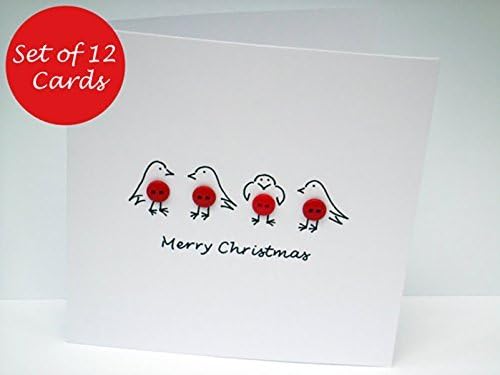Set of 12 Robin Christmas Cards - Cute Button Robins - Christmas Card Pack - Christmas Card Set