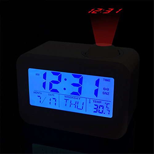Preisvergleich Produktbild lilamins Wecker beleuchtet Sprachsteuerung Kreative Multifunktions Hintergrundbeleuchtung Stimme leise Wecker mit Projektor-Diffusion Elektronische Smart Nachttisch Wecker, 12,4 * 8,7 * 5.4 cm