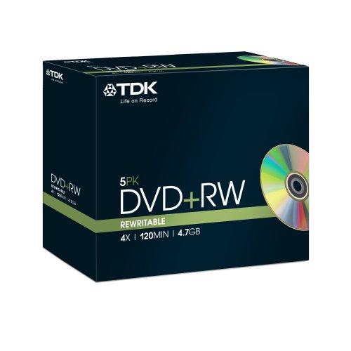 TDK T18444 Wiederbeschreibbarer DVD+RW Rohling 4,7GB in Jewel Case (5 Stück) 1x-4x Speed