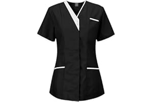 Henagehde Blouse Medicale Femme Manche Courte Col en V Blouse de Travail Femme Infirmiere Professionnelle Uniforme D'infirmière Uniforme De Travail Femme Blouse avec Deux Poches