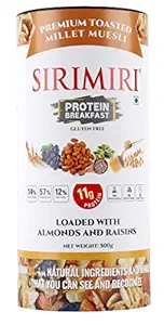SIRIMIRI Premium Toasted Millet Muesli Protein Breakfast Loaded with Almonds and Raisins, 500 Grams - Gluten Free (with Natural Cardamom as Flavour )