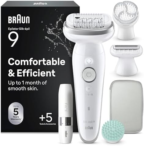 Braun Silk-Épil 9 Skinspa, Epilatore Elettrico Donna con Testina Flessibile, Wet&Dry, Pelle Liscia a Lungo, Spazzola Esfoliante, Accessorio Massaggiante Corpo, Testina Radente, Cappuccio Regolatore