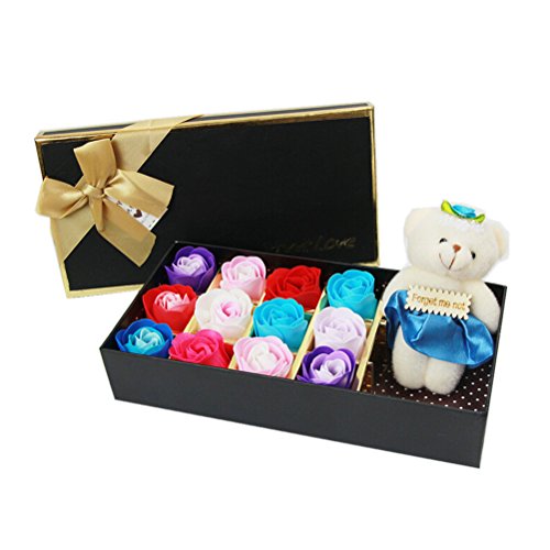 VORCOOL Scented Bath Soap Rose Flower Petals in Gift Box with Plush Bear, Pack of 12 for Birthday Wedding Valentine's Day (Multicolor)