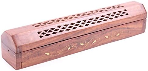 Eazydeal Sheesham Wood Incense Box with Brass Inlay Vine Design, Mixed, Length 31cm, Depth 5.5cm, Height 6.5cm