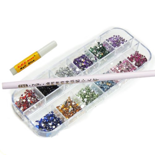 3000 NAIL RHINESTONE 1.5MM ROUND DIAMANTE ART DIAMOND 12 COLOURS FREE CASE FREE PICKER FREE GLUE