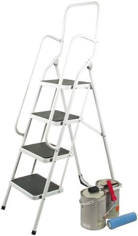 Clifford James Four Step Safety Ladder, Side Safety Hand Rails, Non-Slip Rubber Trim Steps, Portable Home Decorating, Garage, Shed, Garden (White)