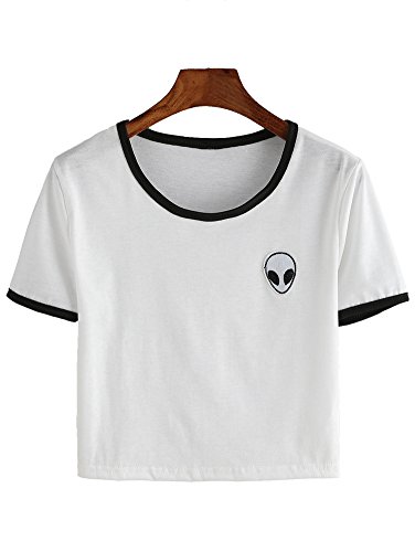 LvRao Donna Alieno Stampa Collo Rotondo Crop Top Maniche corte T-Shirt Tinta unita Magliette Cime Camicie (Bianca, CN S)