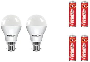 Eveready B22 Base 7-Watt LED Bulb (Pack of 2, Cool Day Light) with Free 4 1015 AA carbon zinc batteries