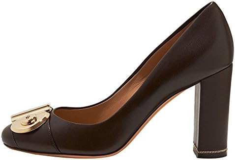 NIUERTE Women's Genuine Leather Chunky Block High Heel Buckle Round Toe Classic Pumps Cacao Leather 7.5 UK