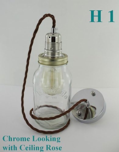 Jam Jar Light Lamp Kilner Vintage Retro Industrial Edison Filament Bulb with Chrome Colour Ceiling Rose - H1