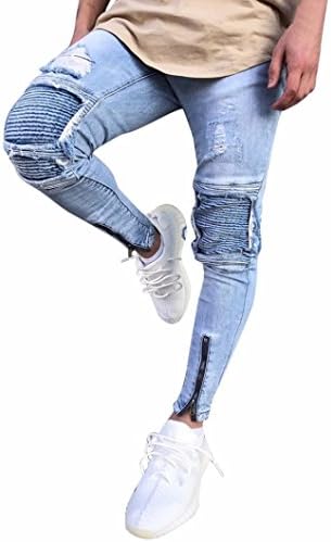 Mens Skinny Jeans Ripped Cuts Distressed Ripped Slit Knee Skinny Stretch Jeans Distressed Men's Denim Zipper Fashion Sweatpants by Quistal (38, Blue)