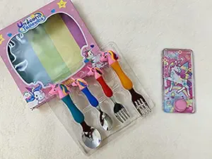 ExcluZiva Gallery Girls Unicorn Spoon Fork Set Kids Cutlery 4 pc Combo with Unicorn Transparent Handheld Ring Water Video Game for Girls Birthday Party Return Gifts