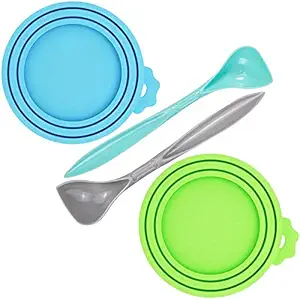 WOHENI 2 Pack Pet Food Can Cover, Universal Silicone Cat Dog Food Can Lids 1 Fit 3 Standard Size Can Tops, Fits Most Standard Size Dog and Cat Can Tops with 2 Spoons (Green, Blue)