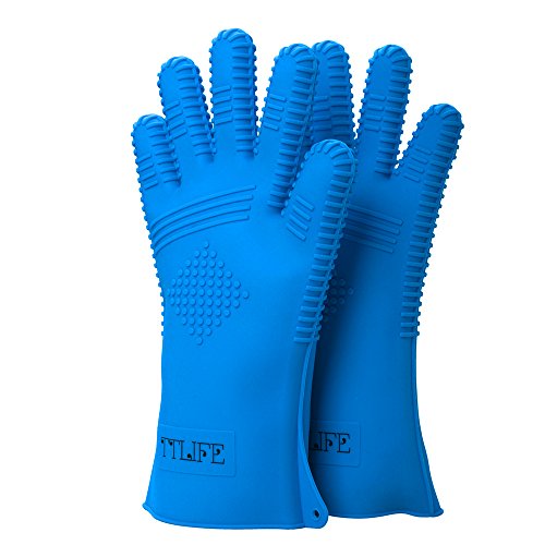 TTLIFE 2Sets Grillhandschuhe Extrem hitzebeständig BBQ Handschutz Handschuhe Ofenhandschuhe premium Qualität Kochhandschuhe (Blau 1) - 7